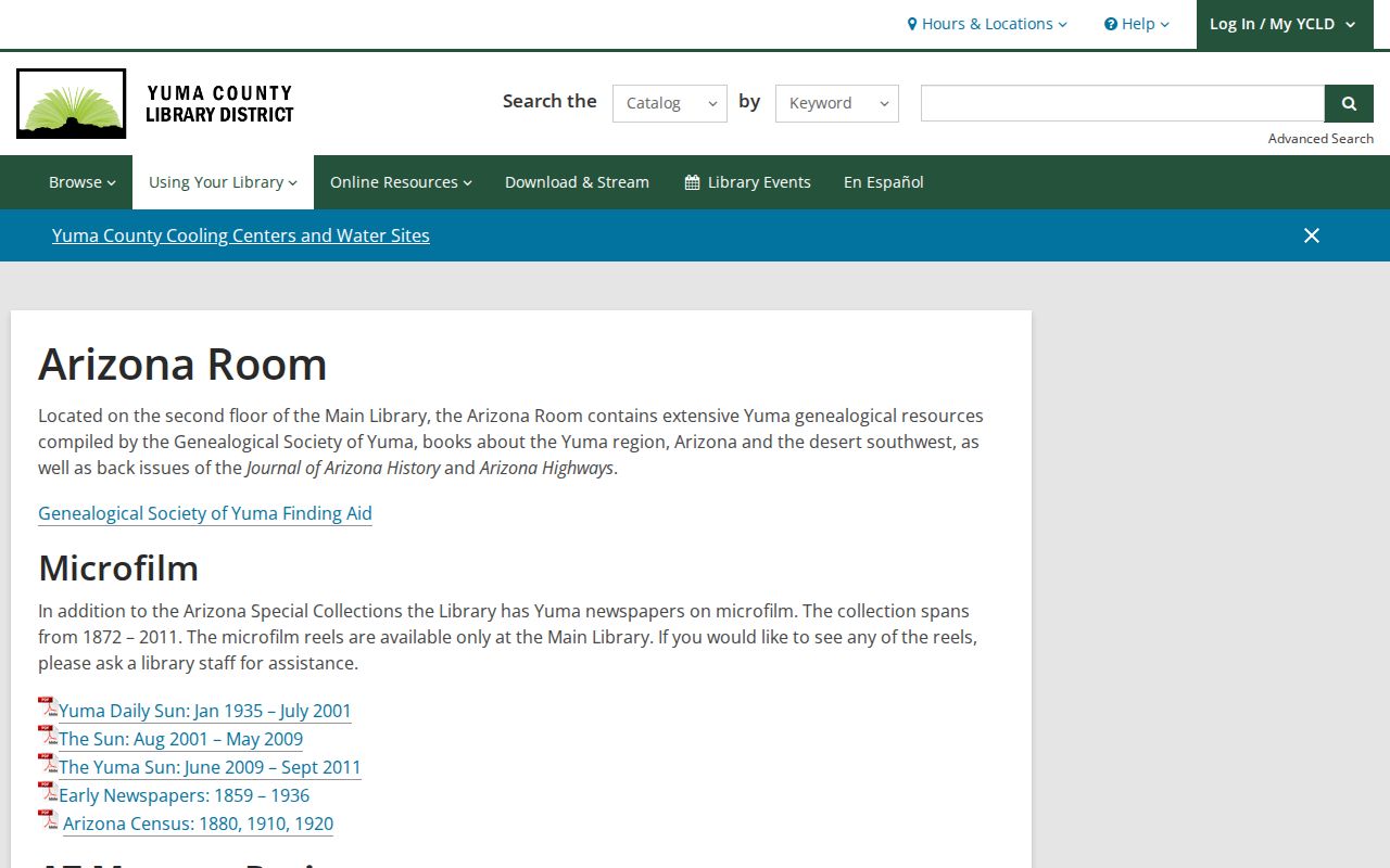 Yuma County city directory Arizona Room collection page