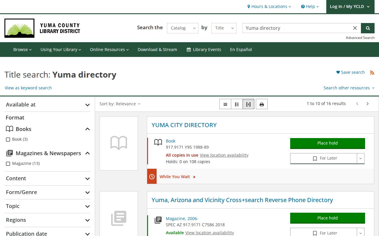 Yuma County city directory catalog results