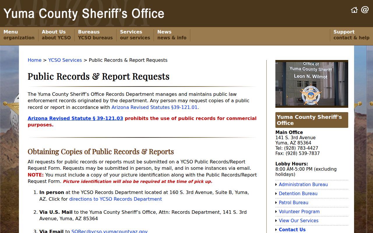 Yuma County residents directory Sheriff records request