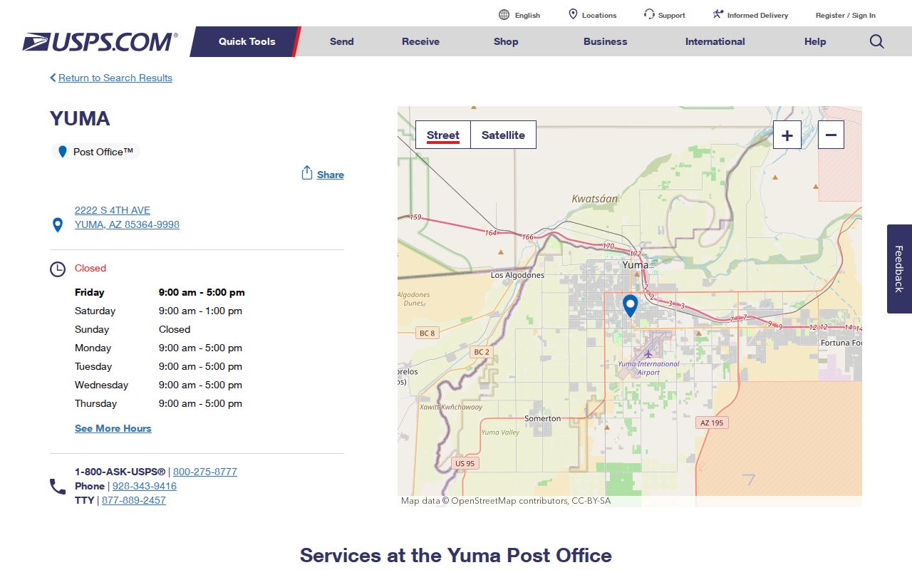 Yuma County ZIP code directory post office details